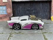 Hot Wheels Two 2 Go white and magenta with exposed engine, right side view