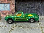 Hot Wheels Volkswagen Caddy metallic green with lime stripes, left side view
