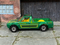 Hot Wheels Volkswagen Caddy metallic green with lime stripes, left side view