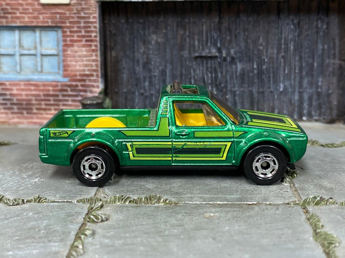 Hot Wheels Volkswagen Caddy metallic green with lime stripes, right side view
