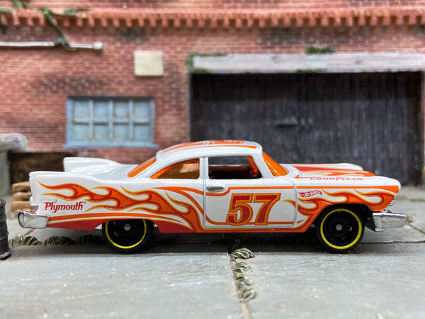 Loose Hot Wheels - 1957 Plymouth Fury - White and Orange with Flames