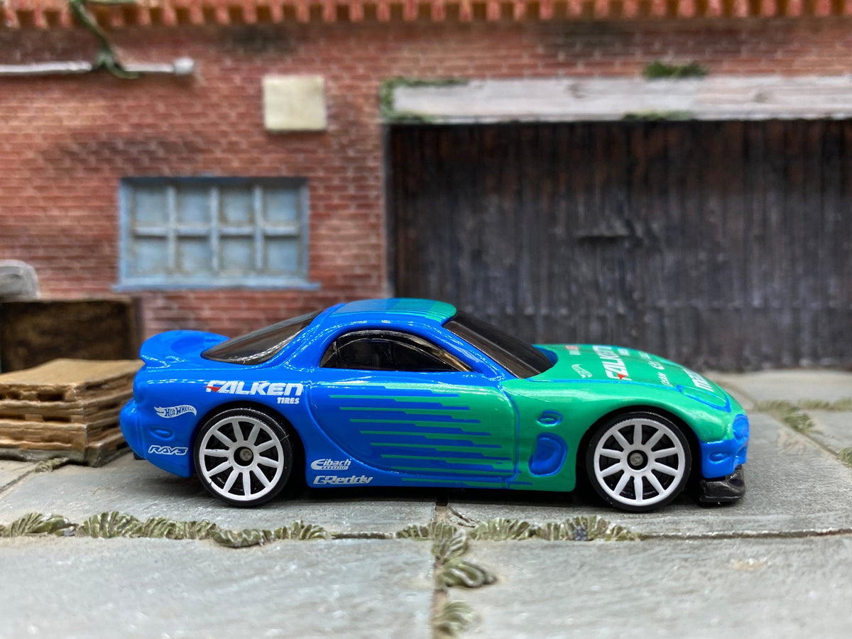 Loose Hot Wheels - 1995 Mazda RX-7 - Blue/Green Falken Tires