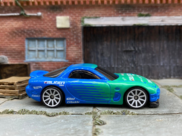 Loose Hot Wheels - 1995 Mazda RX-7 - Blue/Green Falken Tires