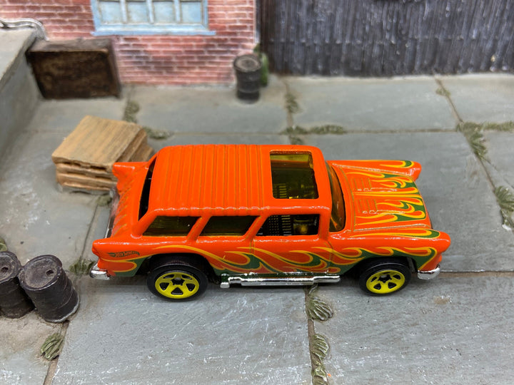 Loose Hot Wheels - 1955 Chevy Nomad - Orange with Flames — view 2