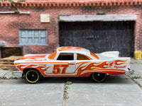 Loose Hot Wheels - 1957 Plymouth Fury - White and Orange with Flames — view 3