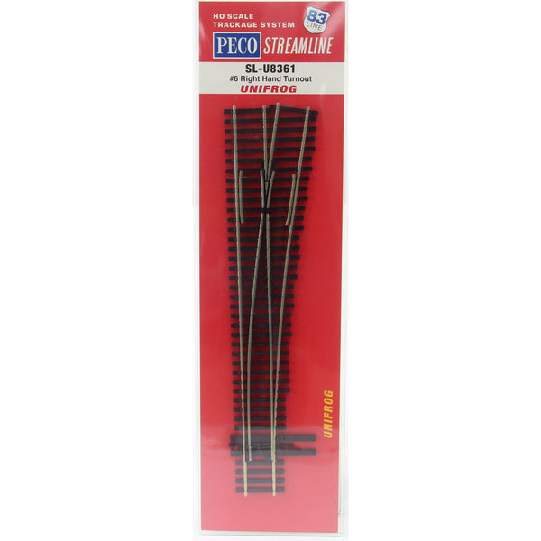 Peco SL-U8361 Code 83 HO scale #6 right-hand Unifrog turnout in manufacturer packaging