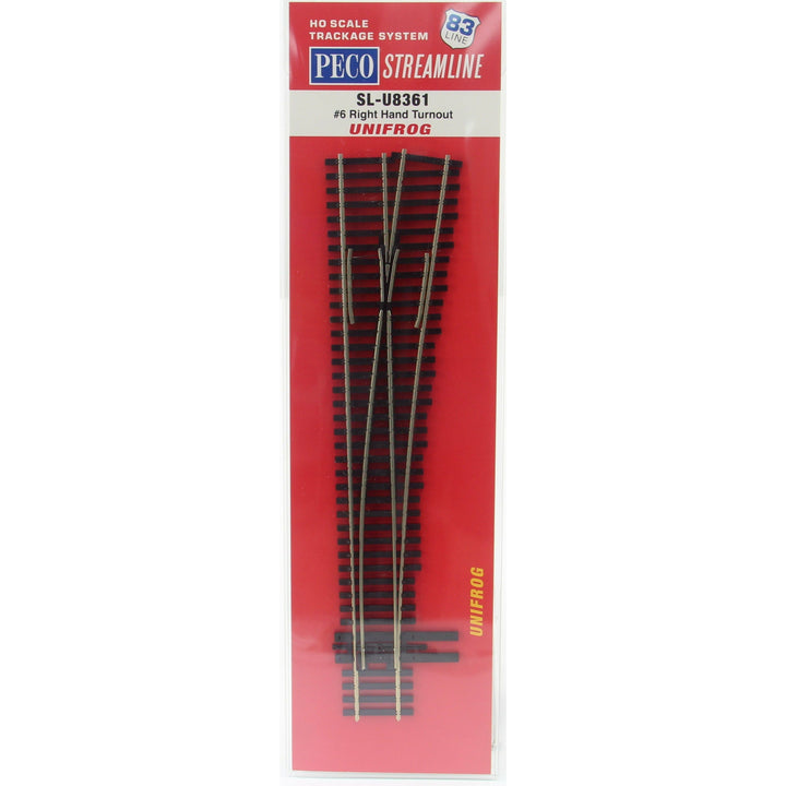 Peco SL-U8361 Code 83 HO scale #6 right-hand Unifrog turnout in manufacturer packaging