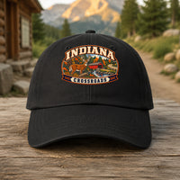 Indiana heritage badge on a black embroidered dad hat outdoors