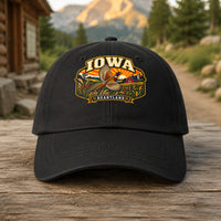 Iowa heritage badge on a black embroidered dad hat outdoors