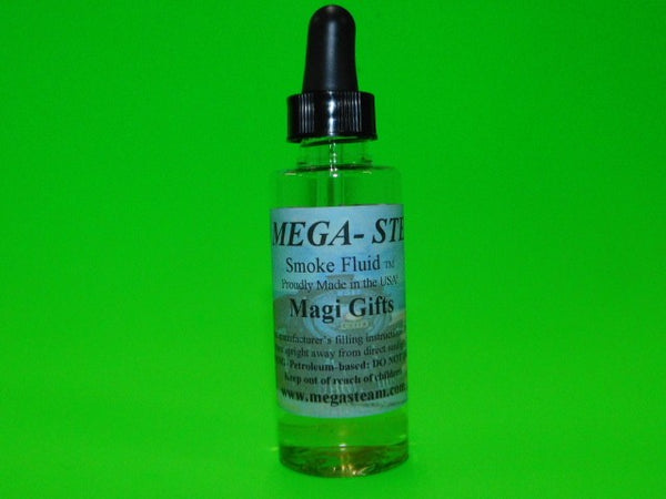 JT's Mega-Steam 153 Magi Gifts smoke fluid, 2 oz glass bottle with dropper and scent label