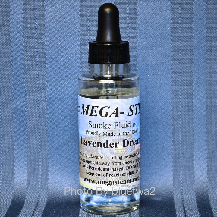 JT's Mega-Steam Lavender Dream smoke fluid, 2 oz glass dropper bottle showing the scent label