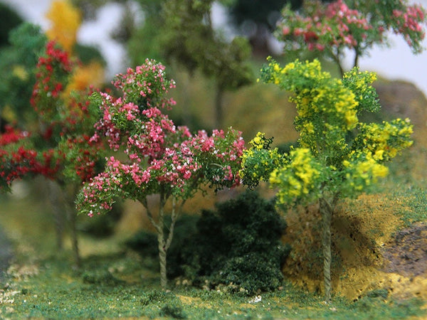 JTT 95631 assorted flower trees — scenery application showing pink, red and yellow flowers