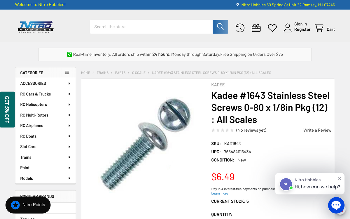 Kadee #1643 stainless steel 0-80 x 1/8 inch screws