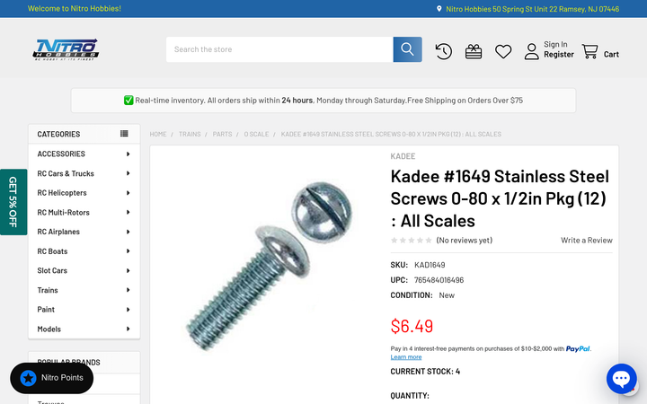 Kadee #1649 stainless steel 0-80 x 1/2 inch screws
