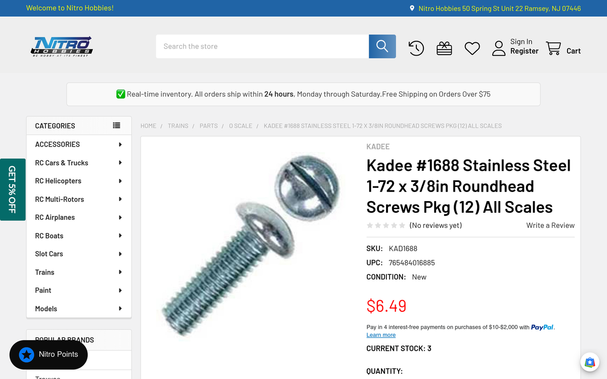 Kadee #1688 stainless steel 1-72 x 3/8 inch screws