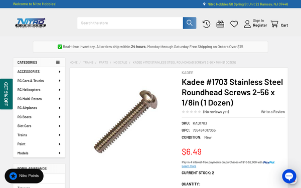 Kadee #1703 stainless steel 2-56 x 1/8 inch screws