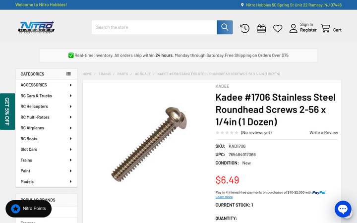 Kadee #1706 stainless steel 2-56 x 1/4 inch screws