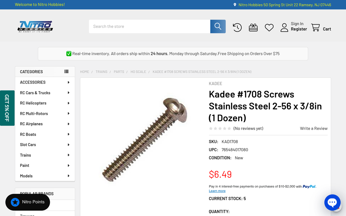Kadee #1708 stainless steel 2-56 x 3/8 inch screws