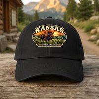 Kansas heritage badge on a black embroidered dad hat outdoors
