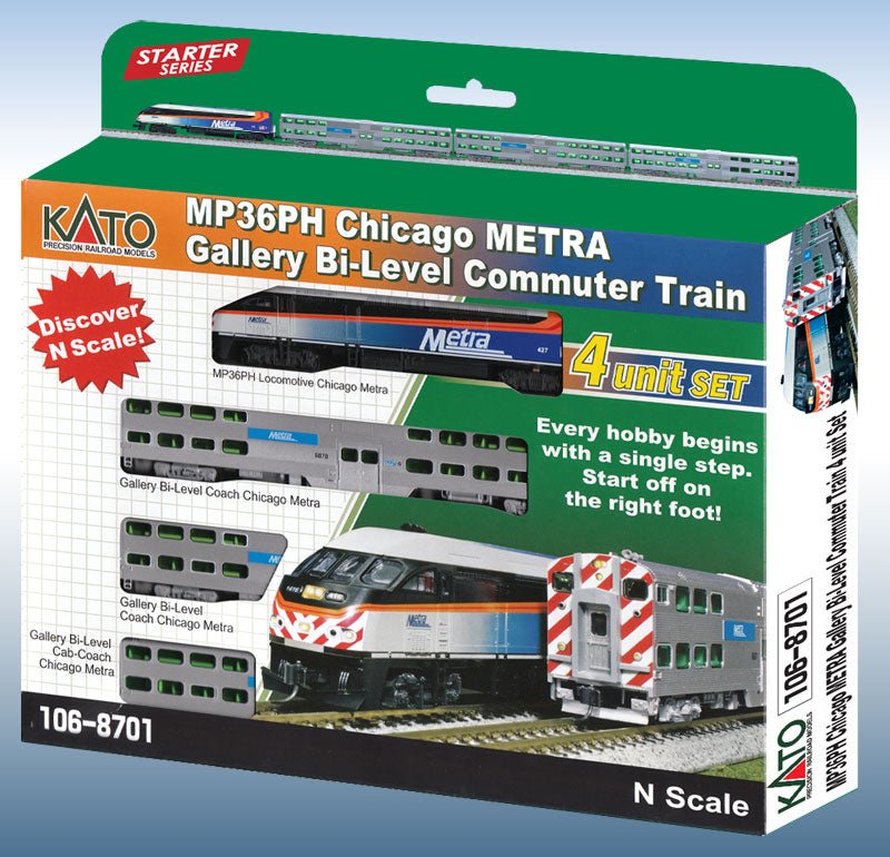 Kato N Scale MP36PH Chicago Metra Gallery Bi-Level Commuter Train 4 units w/ Sound and Lighting - 106-8701-S-1 — exact product reference