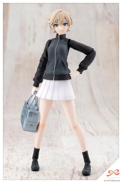 Kotobukiya JK088 Rui Saotome Touou High School Tracksuit Dreaming Style Midnight Onyx 1/10 model kit, front view with school bag; assembled demonstration.