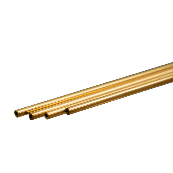 K&S 9820 round brass tubing, 2 mm outside diameter, 0.45 mm wall and 300 mm length, manufacturer profile photograph.