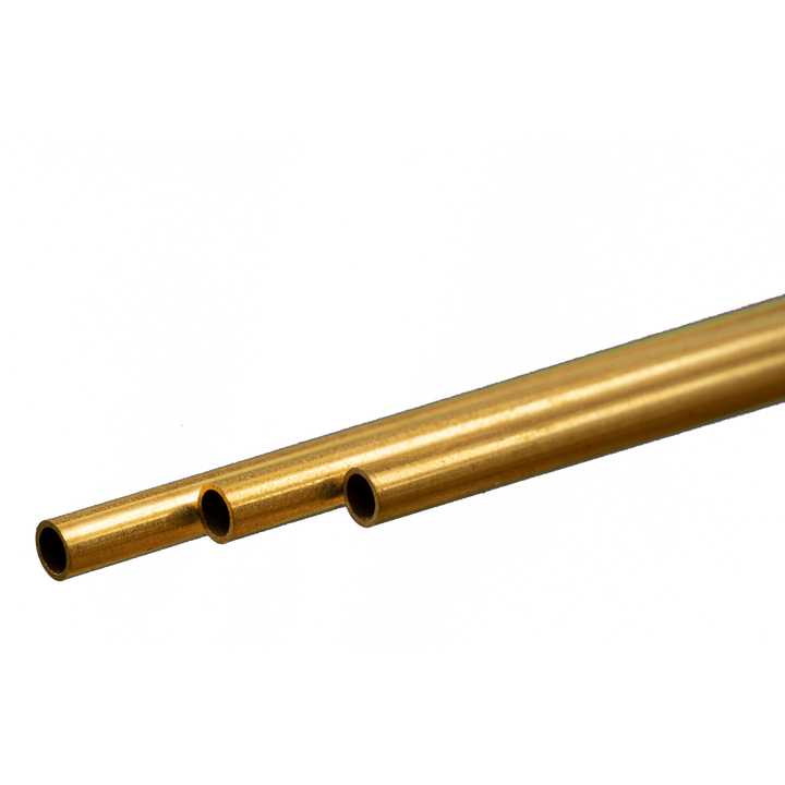 K&S 9822 round brass tubing, 4 mm outside diameter, 0.45 mm wall and 300 mm length, manufacturer profile photograph.