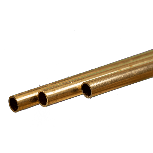 K&S 9823 round brass tubing, 5 mm outside diameter, 0.45 mm wall and 300 mm length, manufacturer profile photograph.