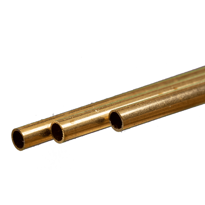 K&S 9823 round brass tubing, 5 mm outside diameter, 0.45 mm wall and 300 mm length, manufacturer profile photograph.