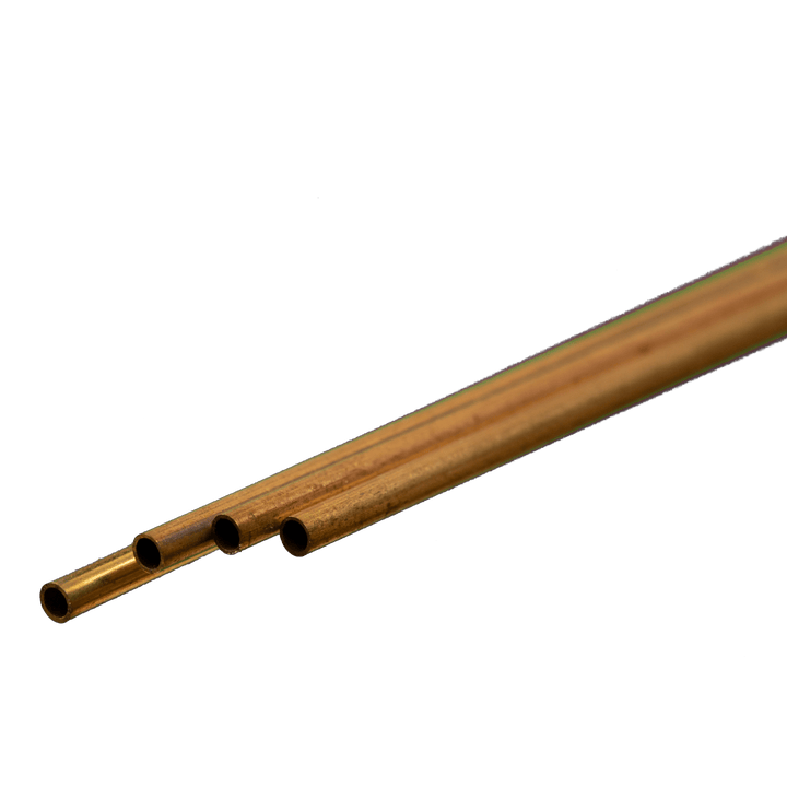 K&S 9832 round brass tubing, 2 mm outside diameter, 0.225 mm wall and 300 mm length, manufacturer profile photograph.