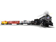 Lionel 2523160 Union Pacific Flyer LionChief Bluetooth 5.0 train set, locomotive, tender, tank car, boxcar and caboose on track