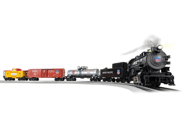 Lionel 2523160 Union Pacific Flyer LionChief Bluetooth 5.0 train set, locomotive, tender, tank car, boxcar and caboose on track