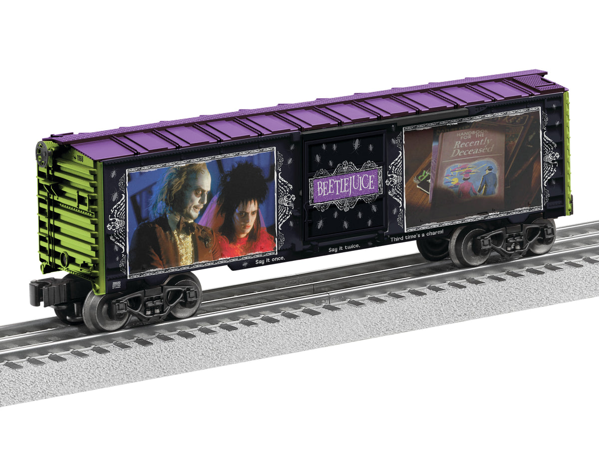 Lionel 2528020 Beetlejuice O gauge boxcar with movie artwork.