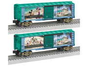 Lionel 2528430 Thomas Kinkade Studios Disney Mickey and Minnie in Florida boxcar, manufacturer comparison showing both sides of the same boxcar