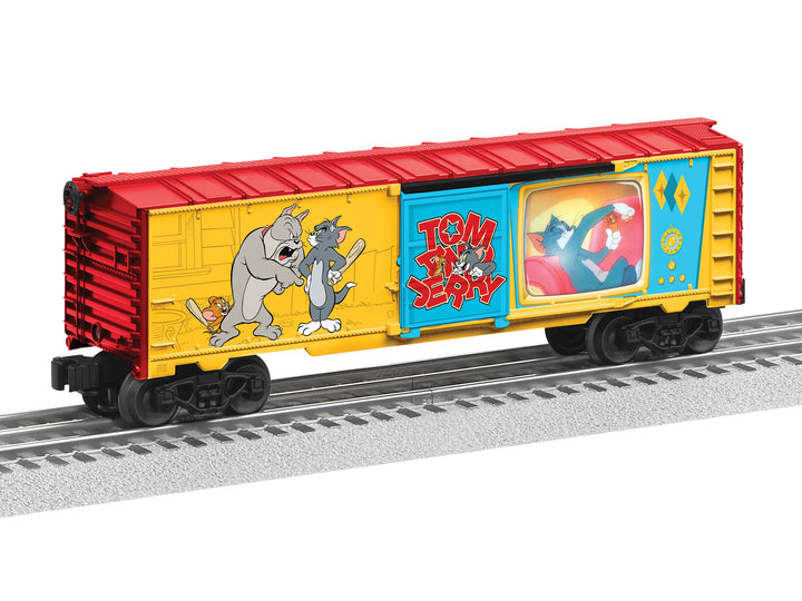 Lionel 2528530 Tom and Jerry O gauge boxcar with illuminated cartoon image.