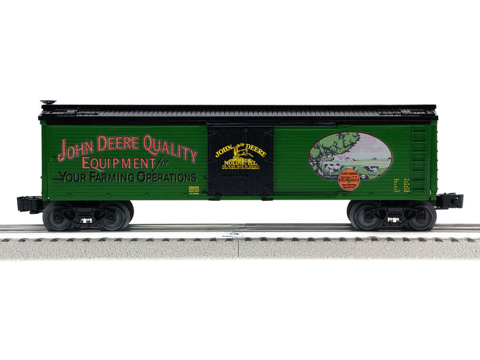 Lionel 2528640 John Deere Quality reefer, full side view of green refrigerator car 28640