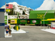 Lionel 2528640 John Deere Quality reefer, green refrigerator car displayed on a layout; other trains and scenery not included