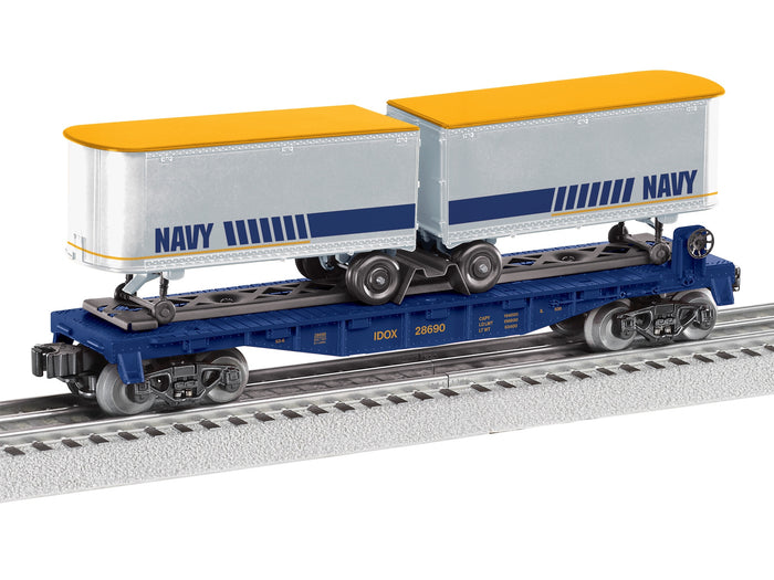 Lionel 2528690 Navy flatcar IDOX 28690 carrying two silver trailers with yellow roofs
