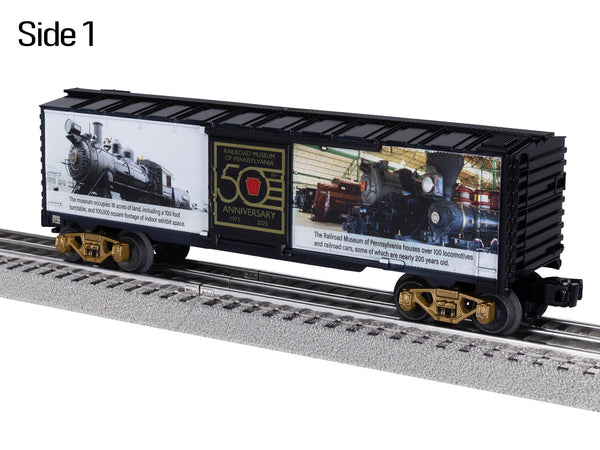 Lionel 2538040 Railroad Museum of Pennsylvania 50th anniversary boxcar, side one three-quarter view