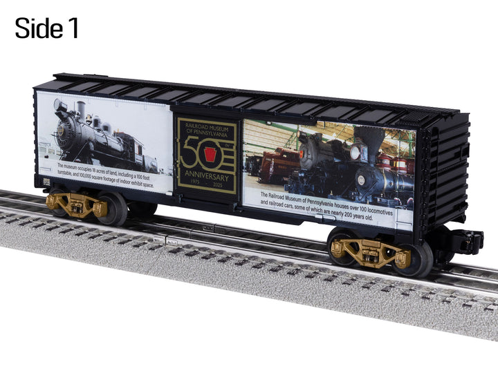 Lionel 2538040 Railroad Museum of Pennsylvania 50th anniversary boxcar, side one three-quarter view