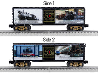 Lionel 2538040 Railroad Museum of Pennsylvania 50th anniversary boxcar, manufacturer comparison showing both sides of the same boxcar