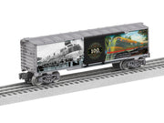 Lionel 2538060 Orange Blossom Special 100th anniversary boxcar, three-quarter view with Seaboard locomotive artwork