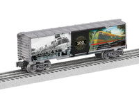 Lionel 2538060 Orange Blossom Special 100th anniversary boxcar, three-quarter view with Seaboard locomotive artwork