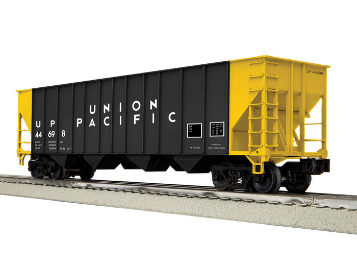 Lionel 2542489 Union Pacific four-bay hopper car UP 44698, black with yellow ends.
