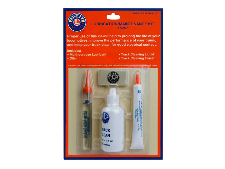 Lionel 6-62927 lubrication and maintenance kit with lubricant, oiler, track cleaning liquid and track cleaning eraser, front package view.