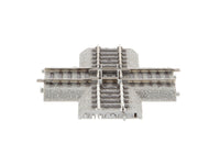 Lionel 8758090 HO FasTrack 90-degree crossover track, angled view showing rail connections and roadbed.