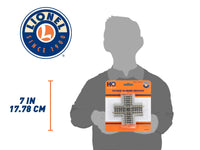Lionel 8758090 HO FasTrack 90-degree crossover retail packaging with manufacturer package-size illustration.