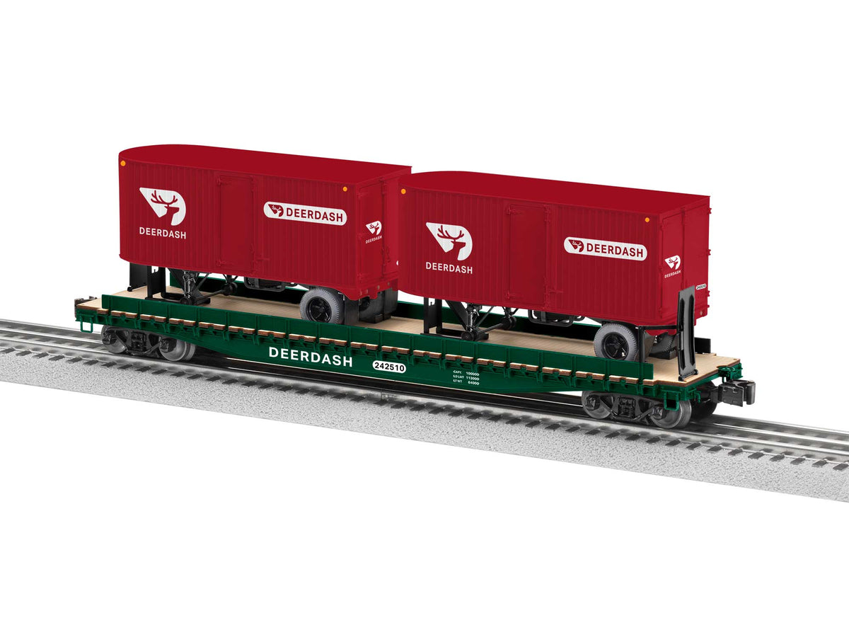 Lionel 2426710 Deer Dash green 50-foot flatcar with two red 20-foot trailers