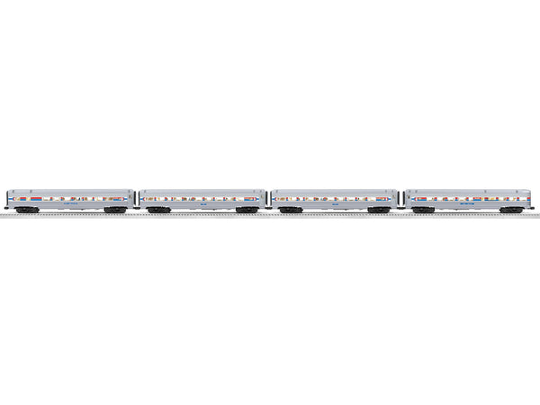 Lionel 2527160 Amtrak 18-inch aluminum passenger car four-pack, Phase I livery, full set side view