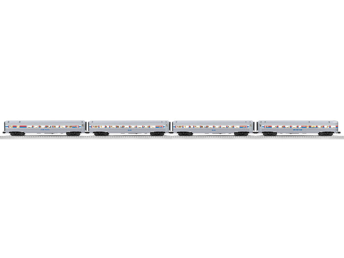 Lionel 2527160 Amtrak 18-inch aluminum passenger car four-pack, Phase I livery, full set side view